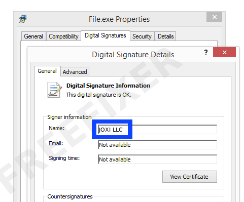 Screenshot of the JOXI LLC certificate